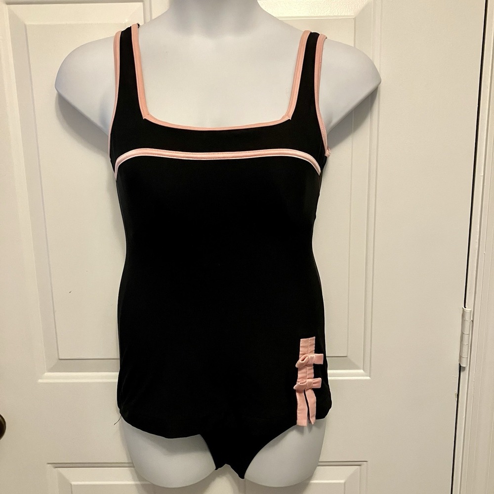 It Figures Women's One Piece Swimsuit Size 12 Black Pink Bows Slimming Retro